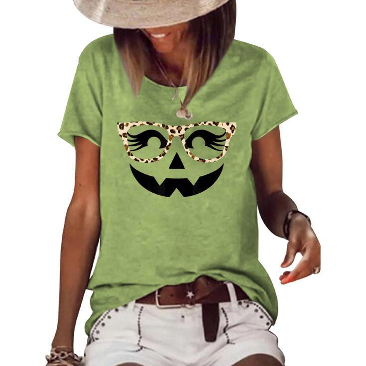Halloween Jack O Lantern Face Pumpkin Leopard Glasses Decor Women's Loose T-shirt