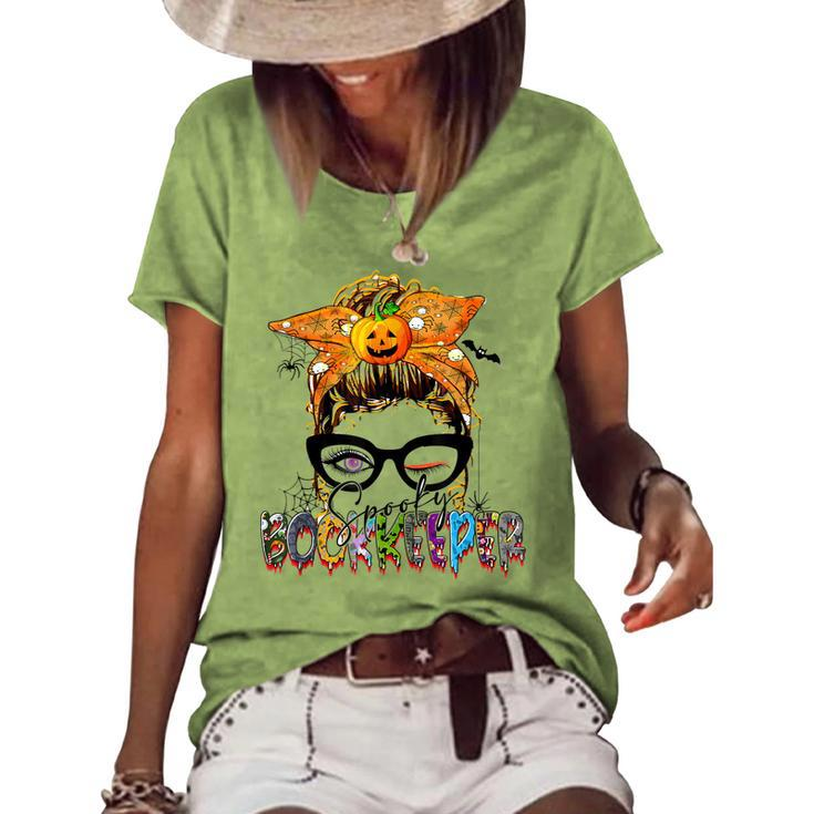Halloween Spooky Bookkeeper Messy Bun Glasses Accountant Women's Loose T-shirt