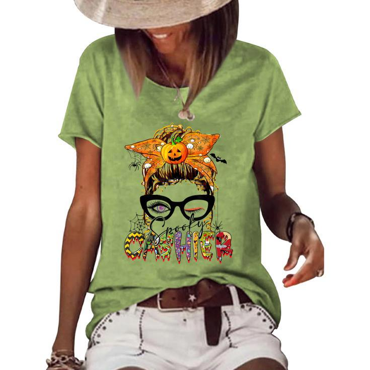 Halloween Spooky Cashier Messy Bun Glasses Spooky Women's Loose T-shirt