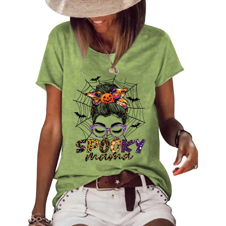 Halloween Spooky Mama Costume Messy Bun Spider Web For Mom Women's Loose T-shirt