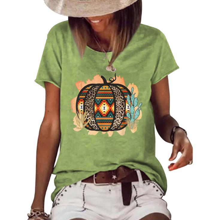 Halloween Western Aztec Leopard Pumpkin Cactus Cowgirl Rodeo Women's Loose T-shirt