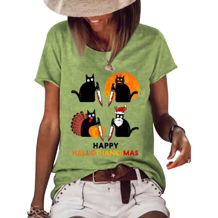 Happy Hallothanksmas Black Cat Halloween Thanksgiving Women's Loose T-shirt
