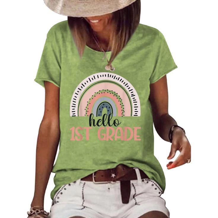 Hello 1St Grade Boho Rainbow First Grade Teacher Student  Women's Short Sleeve Loose T-shirt