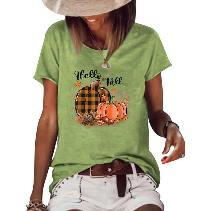 Hello Fall Plaid Pumpkin Spice Maple Leave Autumn Collection  Women's Short Sleeve Loose T-shirt