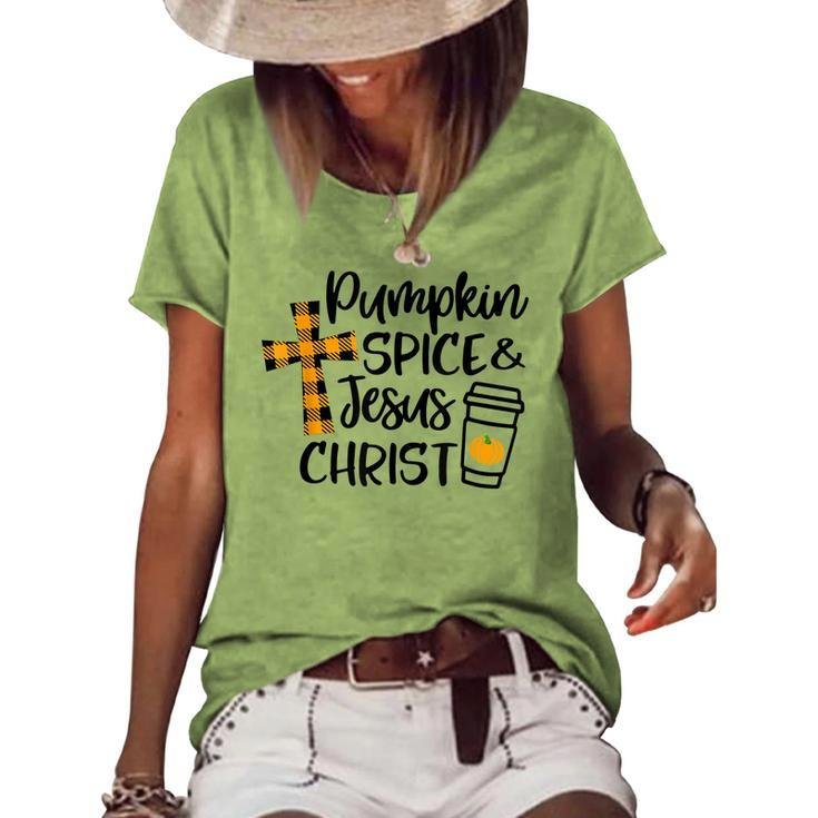 Hello Fall Pumpkin Spice & Jesus Christ Fall Christian Gift  Women's Short Sleeve Loose T-shirt