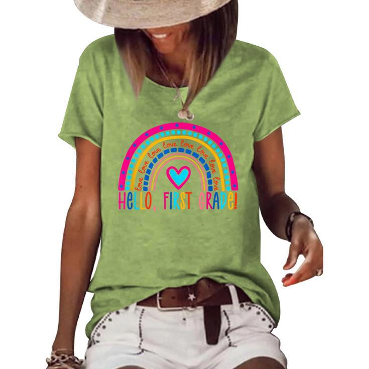 Hello First Grade Rainbow Back To School Teacher Kids Women's Loose T-shirt