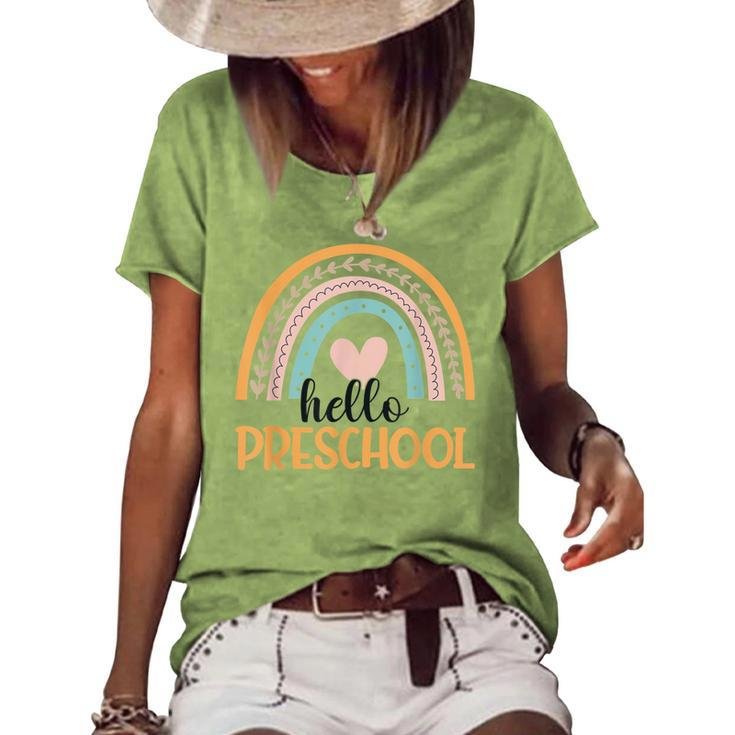Hello Preschool Rainbow Teachers Students Back To School  Women's Short Sleeve Loose T-shirt