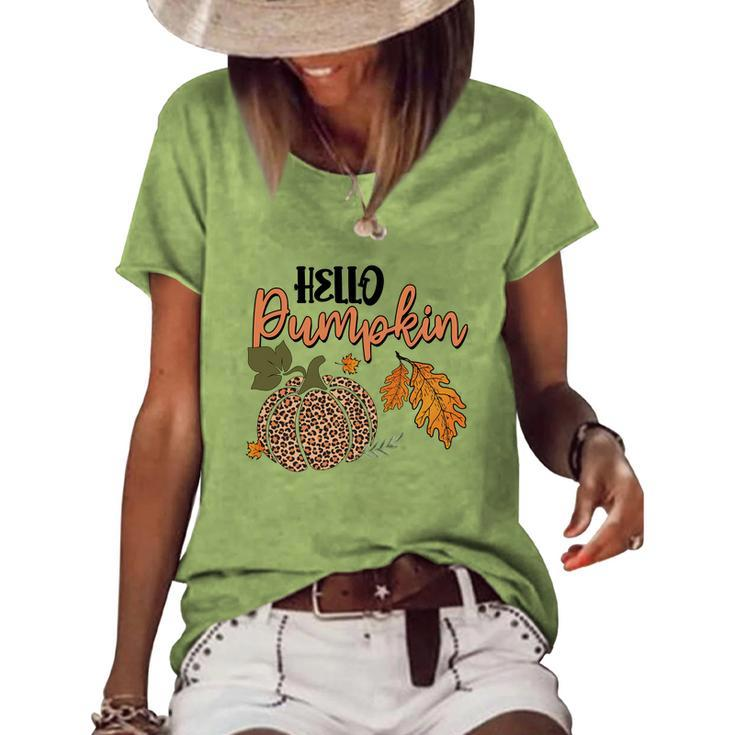 Hello Pumpkin Leopard Plaid Autumn Leaves Fall Women's Loose T-shirt