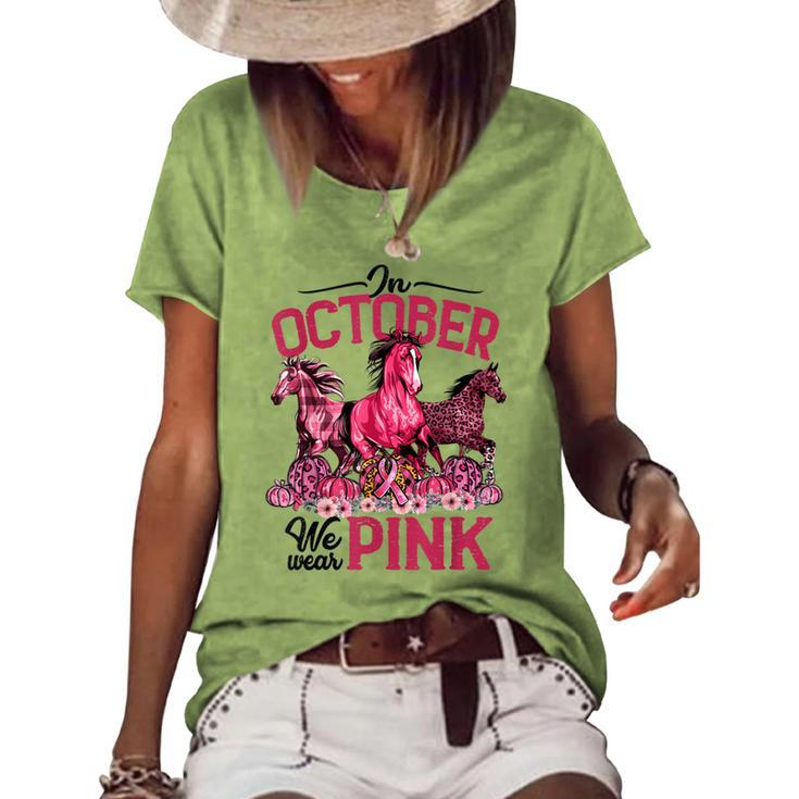 In October We Wear Pink Horse Leopard Pumpkin Breast Cancer  Women's Short Sleeve Loose T-shirt