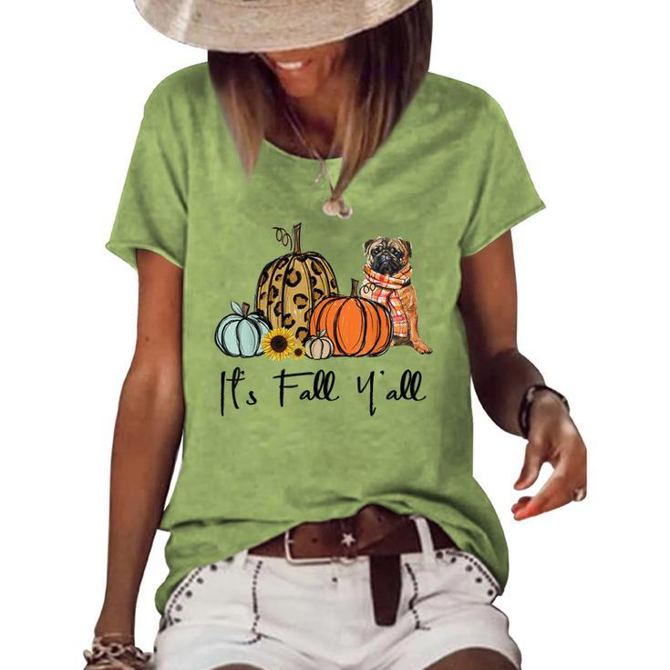 Its Fall Yall Yellow Pug Dog Leopard Pumpkin Falling Women's Loose T-shirt