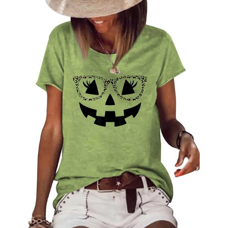 Jack O Lantern Face Pumpkin Halloween Leopard Print Glasses Women's Loose T-shirt