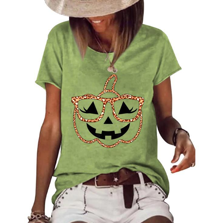Jack O Lantern Face Pumpkin Halloween Leopard Print Glasses V4 Women's Loose T-shirt