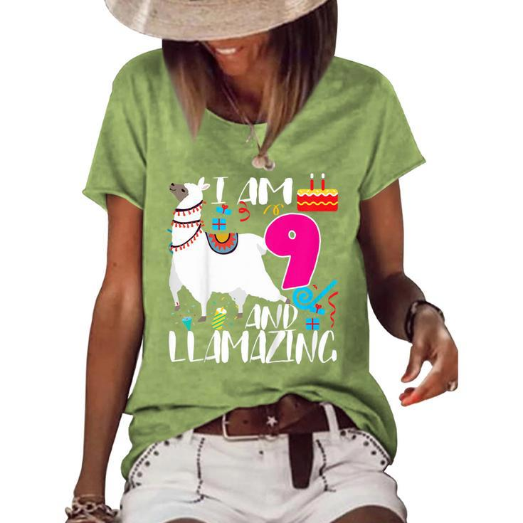 Kids 9 Year Old I Am 9 Years Old And Llamazing Llama 9Th Birthday  Women's Short Sleeve Loose T-shirt