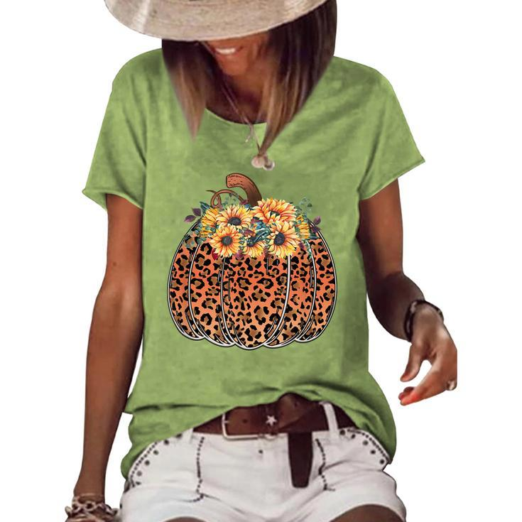 Leopard Pumpkin Womens Halloween Sunflowers Thanksgiving Women's Loose T-shirt
