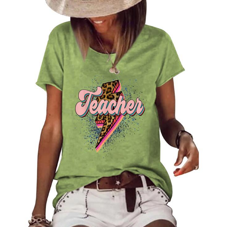Leopard Teacher  Teacher Lightning Bolt Back To School  Women's Short Sleeve Loose T-shirt