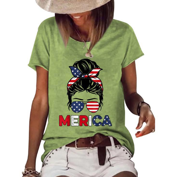 Merica Mom Girl American Flag Messy Bun Hair 4Th Of July Usa V2 Women's Loose T-shirt