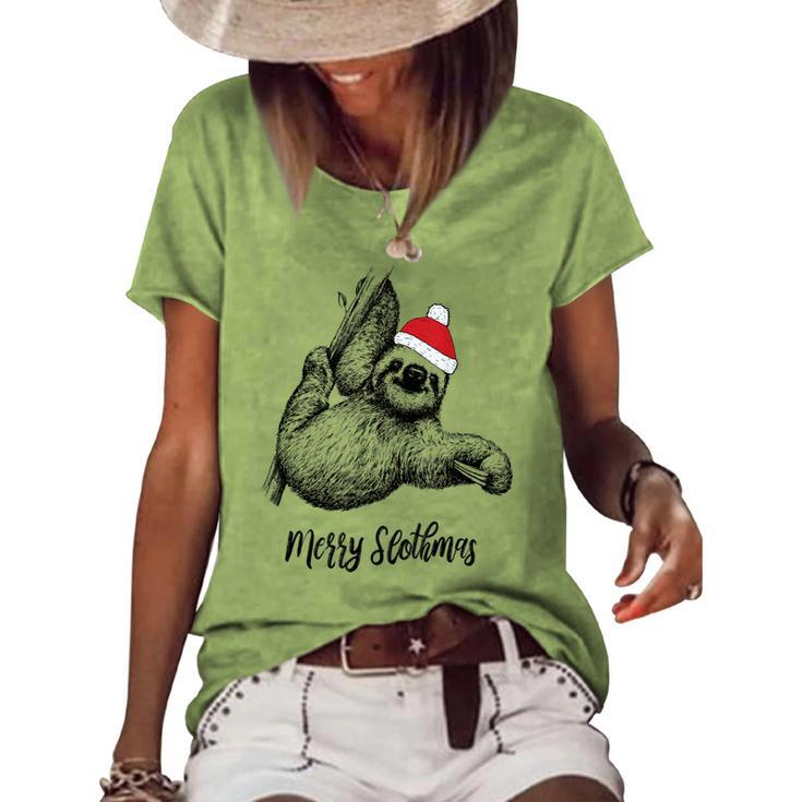 Merry Slothmas Christmas Pajama Santa Hat For Sloth Lovers  Women's Short Sleeve Loose T-shirt