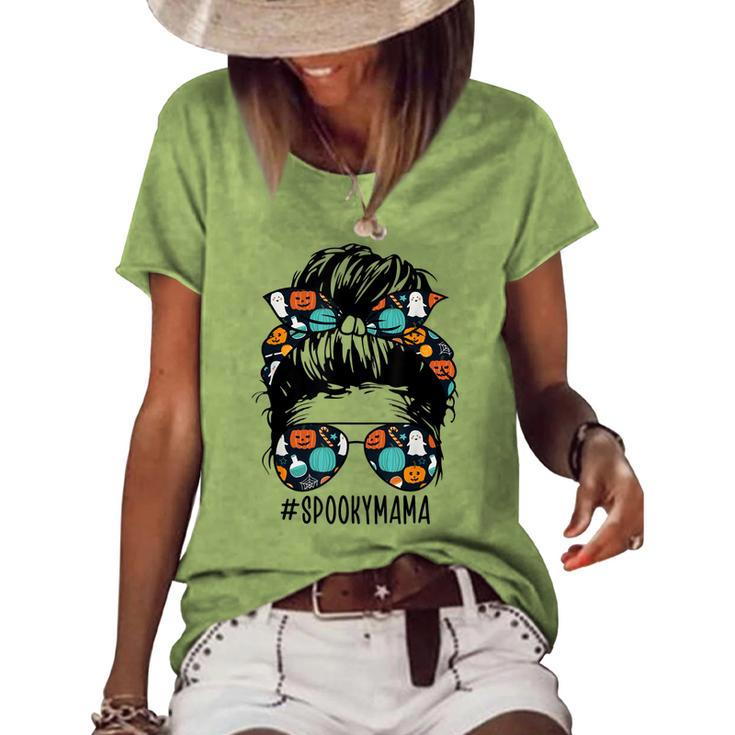 Messy Bun Halloween Ghost Bandana Sunglasses Spooky Mama Women's Loose T-shirt