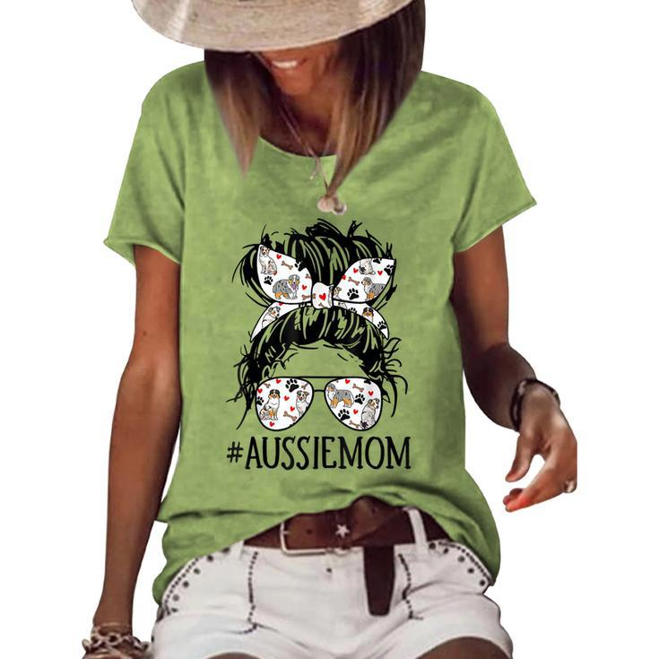 Messy Bun Mom Aussie Mom Glasses Mothers Day Dog Lovers  Women's Short Sleeve Loose T-shirt