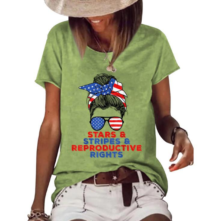 Messy Bun Us Flag Stars Stripes Reproductive Rights  Women's Short Sleeve Loose T-shirt