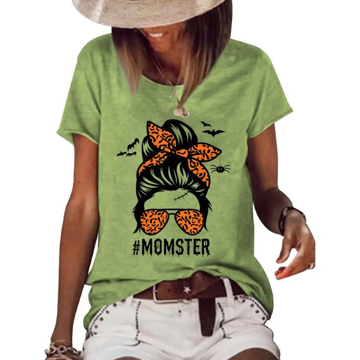 Mom Messy Bun Halloween Leopard Womens Momster Spooky Women's Loose T-shirt