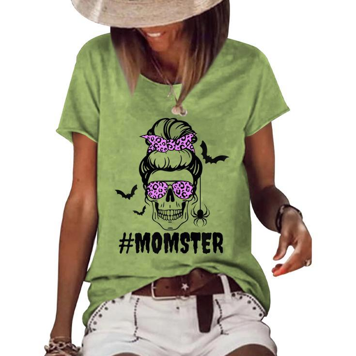 Womens Momster Halloween Costume Skull Mom Messy Bun Women's Loose T-shirt