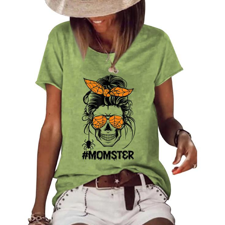 Momster Halloween Costume Skull Mom Messy Hair Bun Monster  V4 Women's Short Sleeve Loose T-shirt
