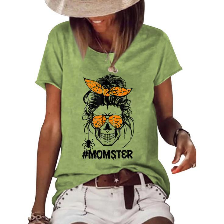 Momster Halloween Costume Skull Mom Messy Hair Bun Monster  V6 Women's Short Sleeve Loose T-shirt