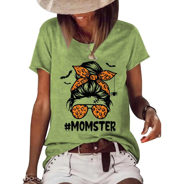 Momster For Women Halloween Mom Messy Bun Leopard Women's Loose T-shirt