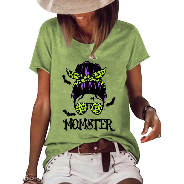 Momster  Womens Halloween Messy Bun Mom Ster  V3 Women's Short Sleeve Loose T-shirt