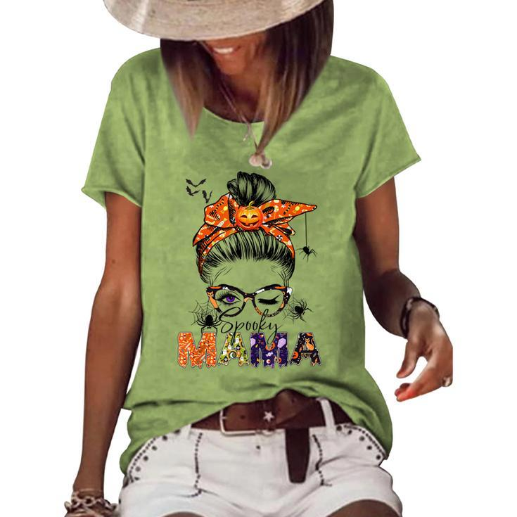 One Spooky Mama For Halloween Messy Bun Mom Monster Bleached V2 Women's Loose T-shirt