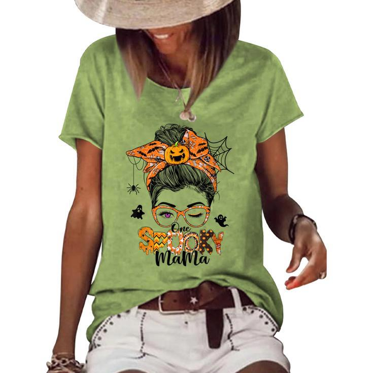 One Spooky Mama For Halloween Messy Bun Mom Monster Bleached V3 Women's Loose T-shirt