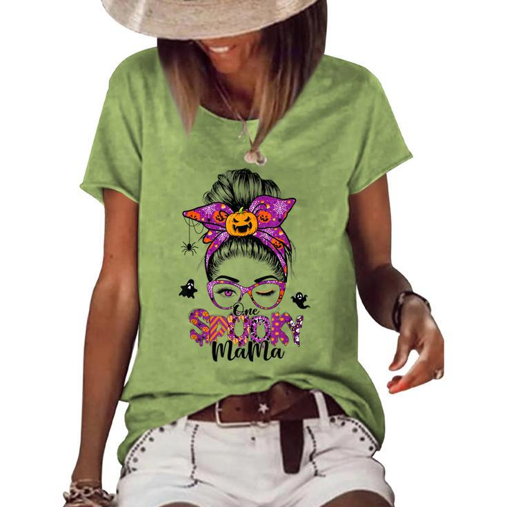 One Spooky Mama For Halloween Messy Bun Mom Monster Bleached V6 Women's Loose T-shirt