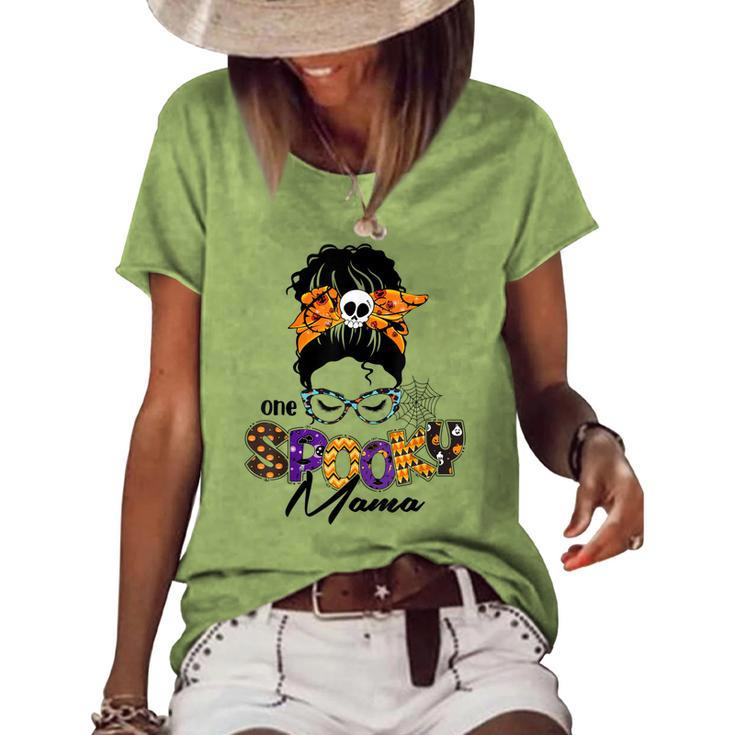 One Spooky Mama Pumpkin Messy Bun Sunglasses Halloween Women Women's Loose T-shirt
