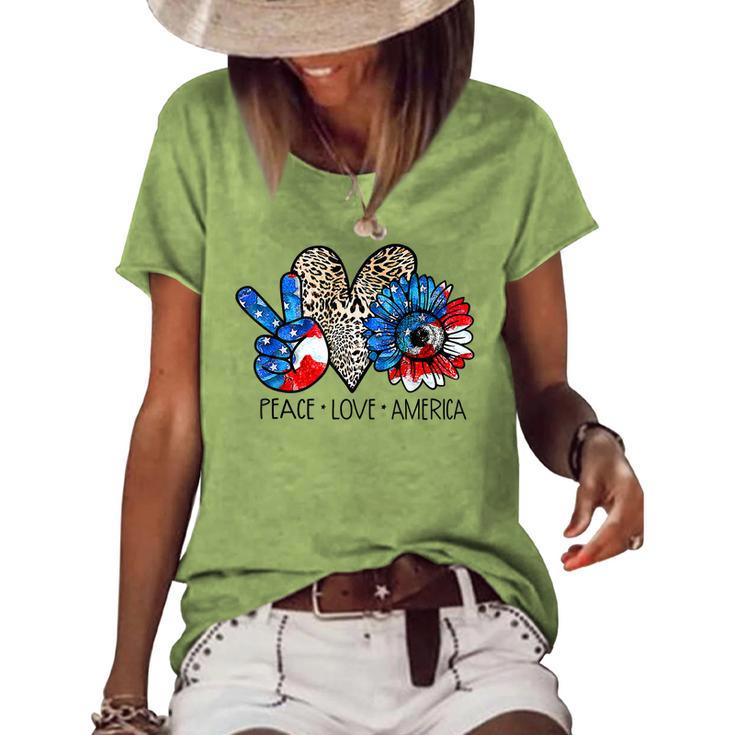 Peace Love America Leopard Sunflower 4Th Of July Patriotic  Women's Short Sleeve Loose T-shirt