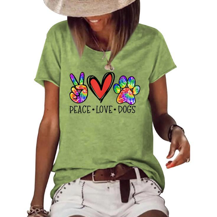 Peace Love Dogs Paws Tie Dye Rainbow Animal Rescue Womens  Women's Short Sleeve Loose T-shirt