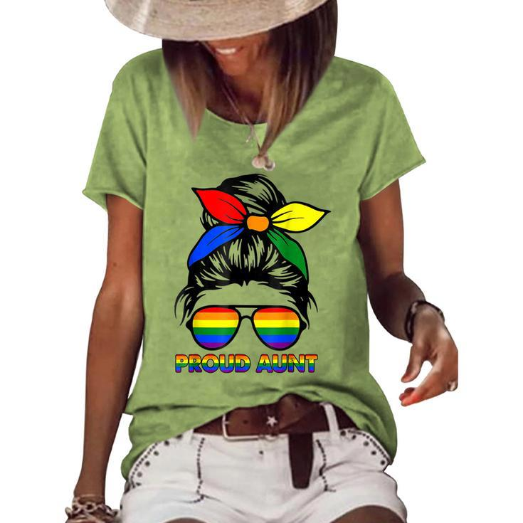 Proud Aunt Messy Bun Rainbow Lgbt Gay Pride Month  Women's Short Sleeve Loose T-shirt