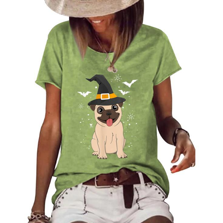 Pug Witch Halloween Dog Puppy Outfit Costume Trick Or Treat Women's Loose T-shirt