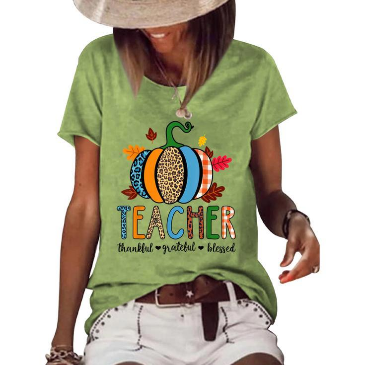 Pumpkin Leopard Teacher Thankful Grateful Blessed V3 Women's Loose T-shirt