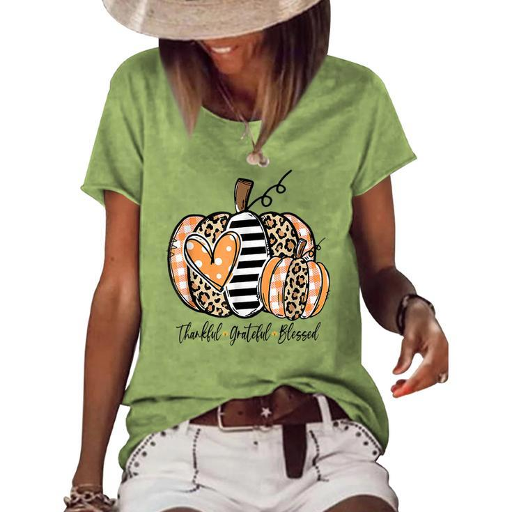 Pumpkin Leopard Thankful Grateful Blessed Women Fall Season V2 Women's Loose T-shirt