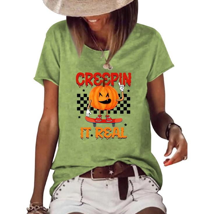 Pumpkin Skateboarding Creepin It Real Halloween Women's Loose T-shirt