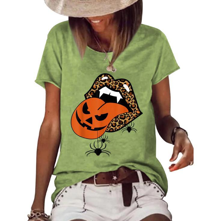 Pumpkin Tongue Out Vampire Leopard Lips Spider Halloween Women's Loose T-shirt