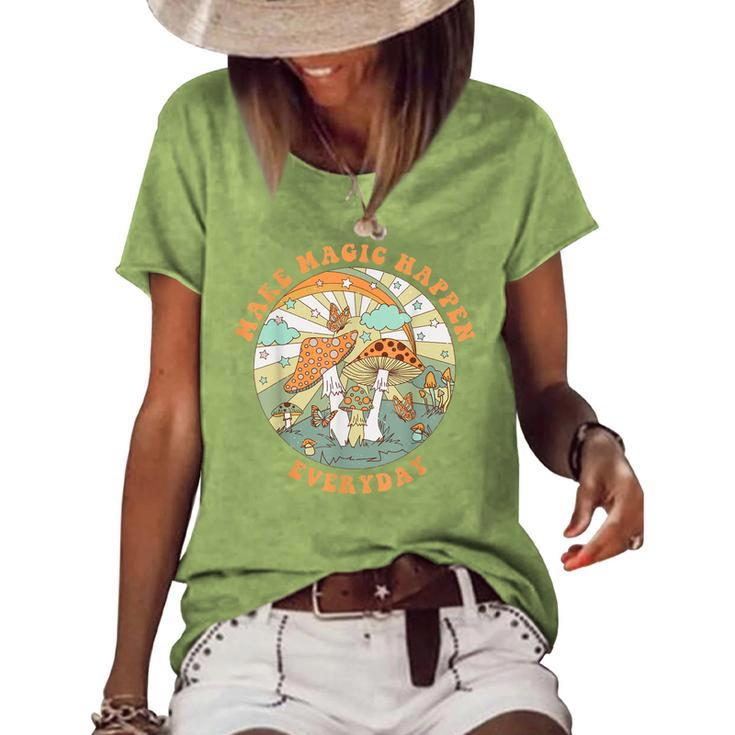 Retro Groovy Make Magic Happen Mushroom Hippie Botanical  Women's Short Sleeve Loose T-shirt