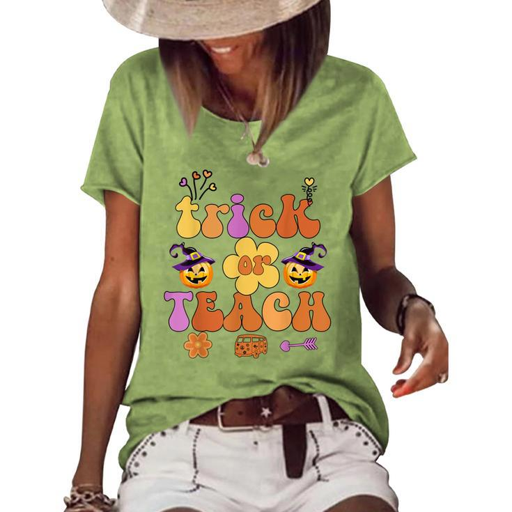 Retro Trick Or Teach Ghost Teacher Halloween Costume Womens  V21 Women's Short Sleeve Loose T-shirt