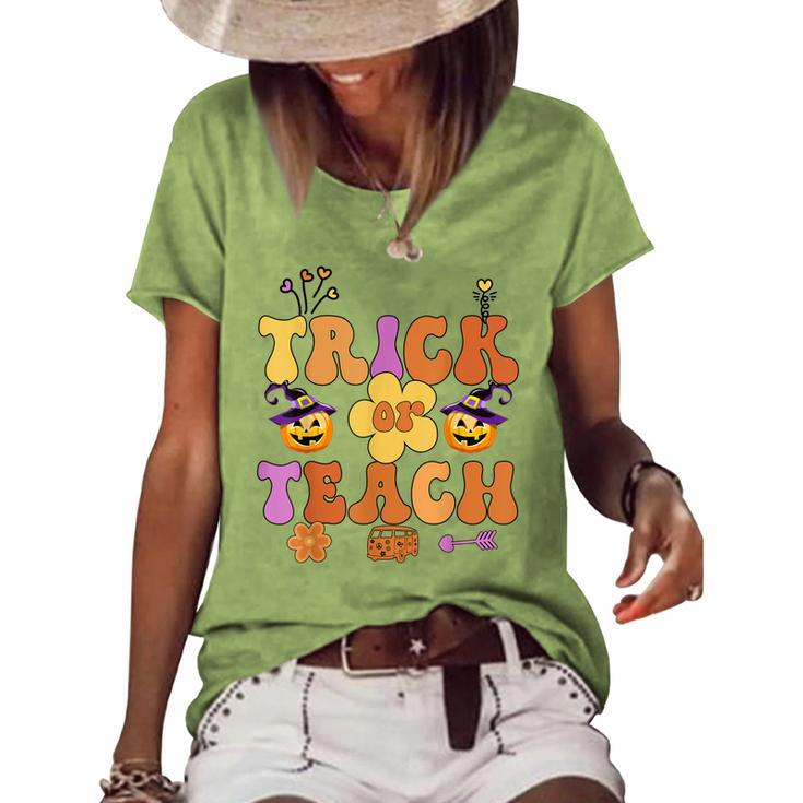 Retro Trick Or Teach Ghost Teacher Halloween Costume Womens  V23 Women's Short Sleeve Loose T-shirt