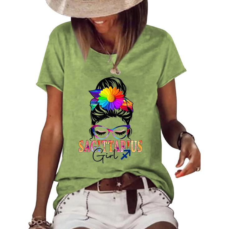 Sagittarius Girl Birthday Messy Bun Hair Colorful Floral Women's Loose T-shirt