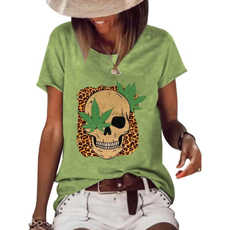 Skeleton And Plants Skull And Leaf Women's Loose T-shirt