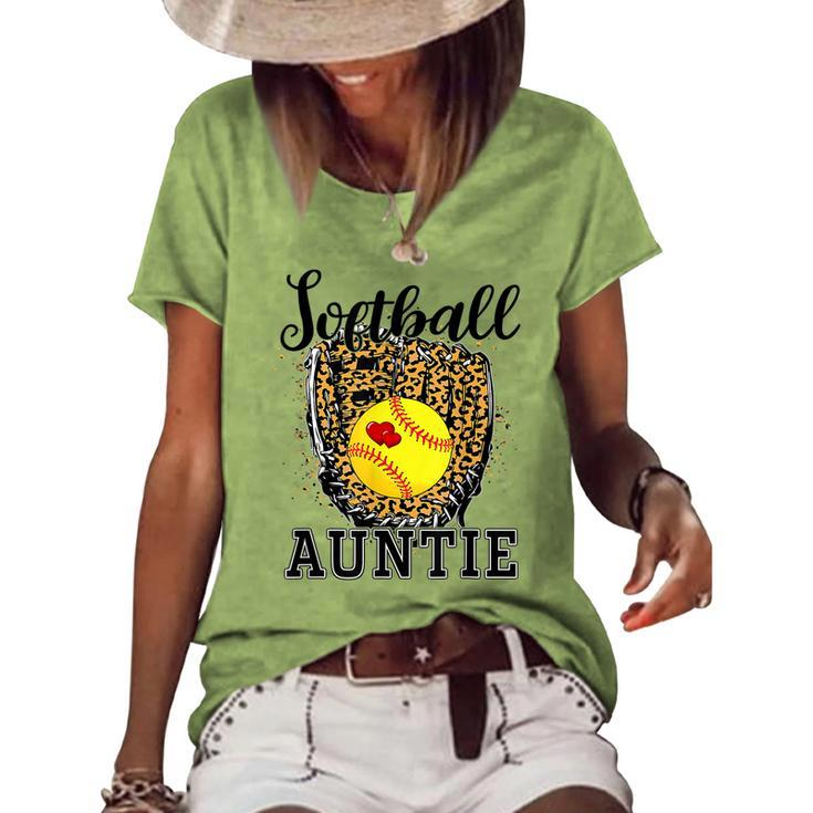 Softball Auntie Leopard Game Day Aunt Mother Softball Lover  Women's Short Sleeve Loose T-shirt