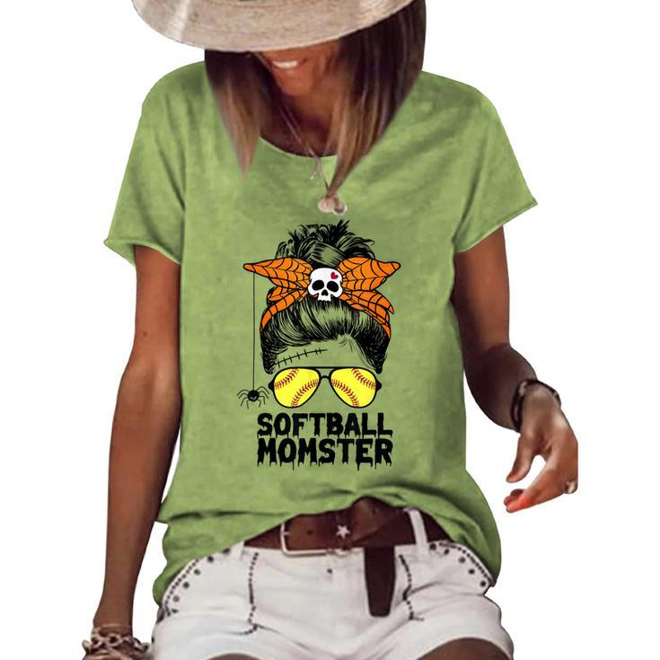 Softball Mom Life Messy Bun Halloween Women Softball Momster Women's Loose T-shirt