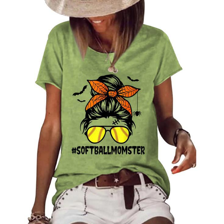 Softball Momster For Women Halloween Mom Messy Bun Women's Loose T-shirt